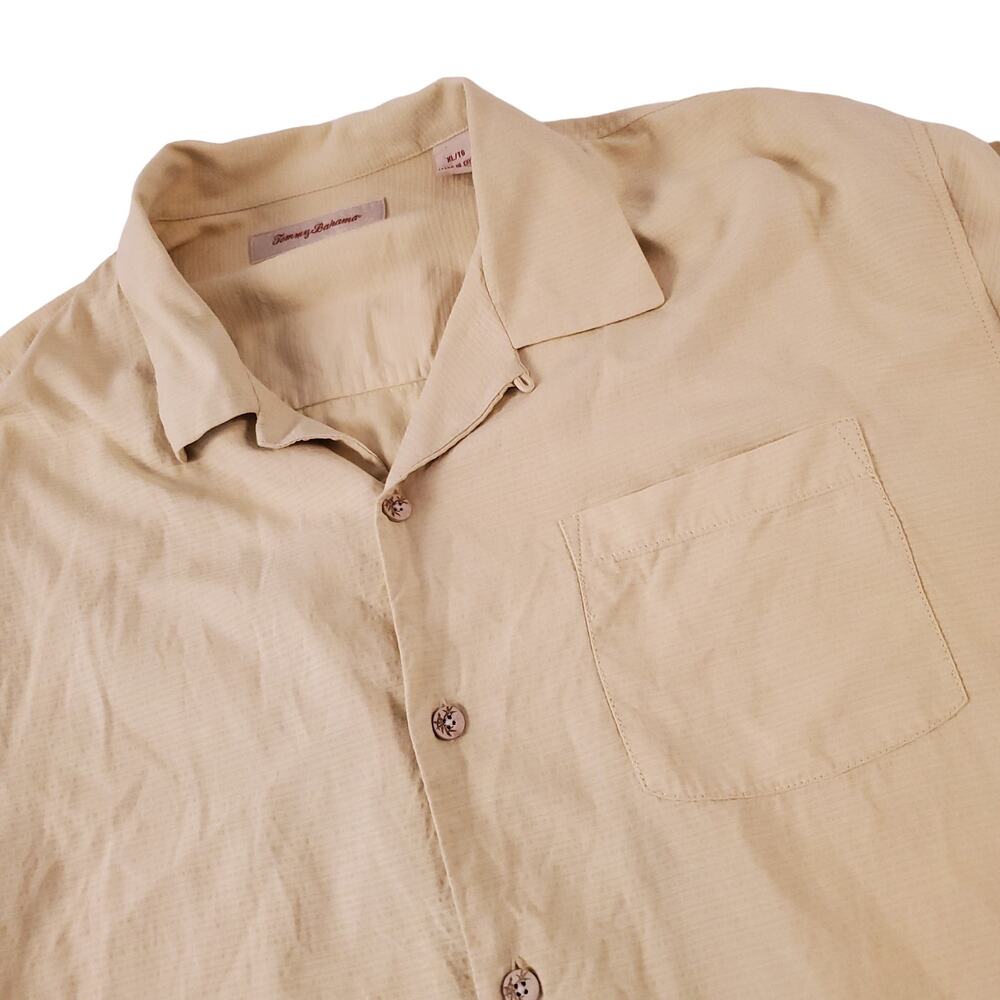 Tommy Bahama Silk Hawaiian Striped Beige Woven Button Up Camp Shirt Men's XL